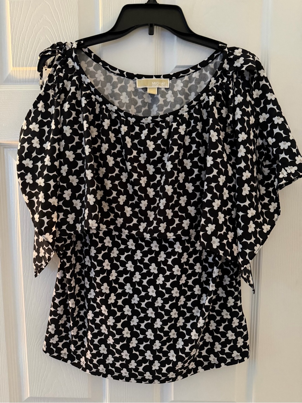 Michael Kors Black & White Cold Shoulder Floral Tie-Sleeve Blouse